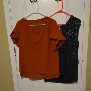 Rust Ruffle Sleeve Blouse & Black Sequin  Blouse. Large
